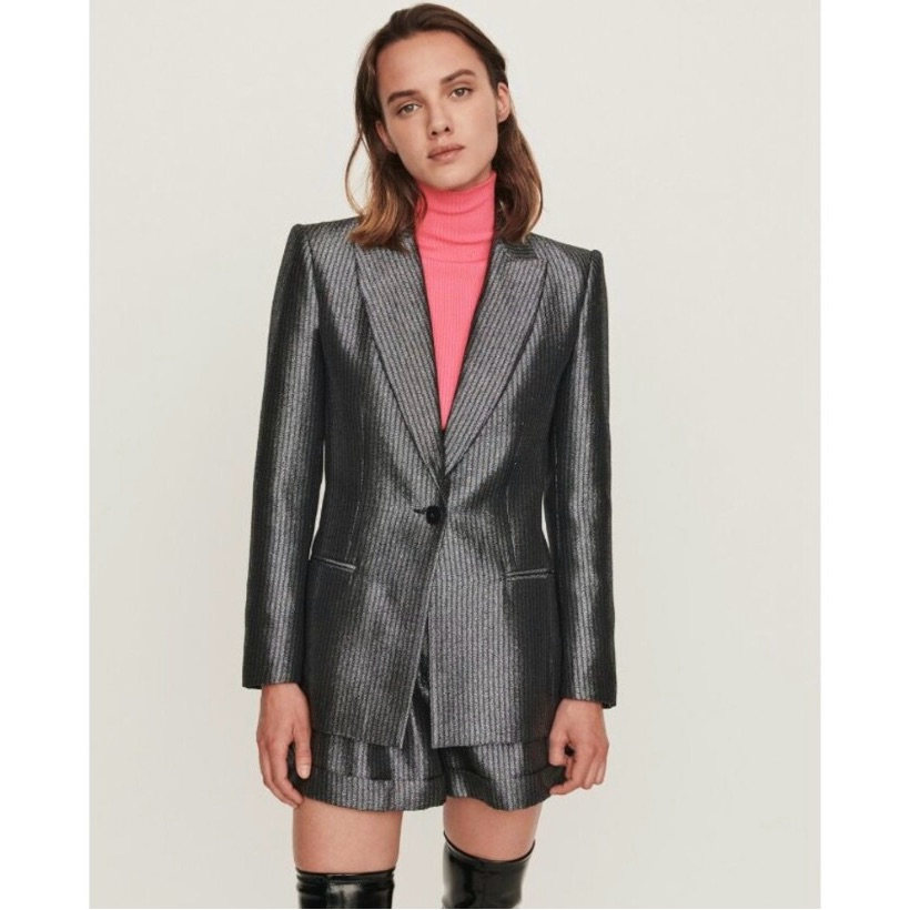 Premium Nwt Maje Valery Metallic Blazer In Silver/Black, Size 36 (Small)